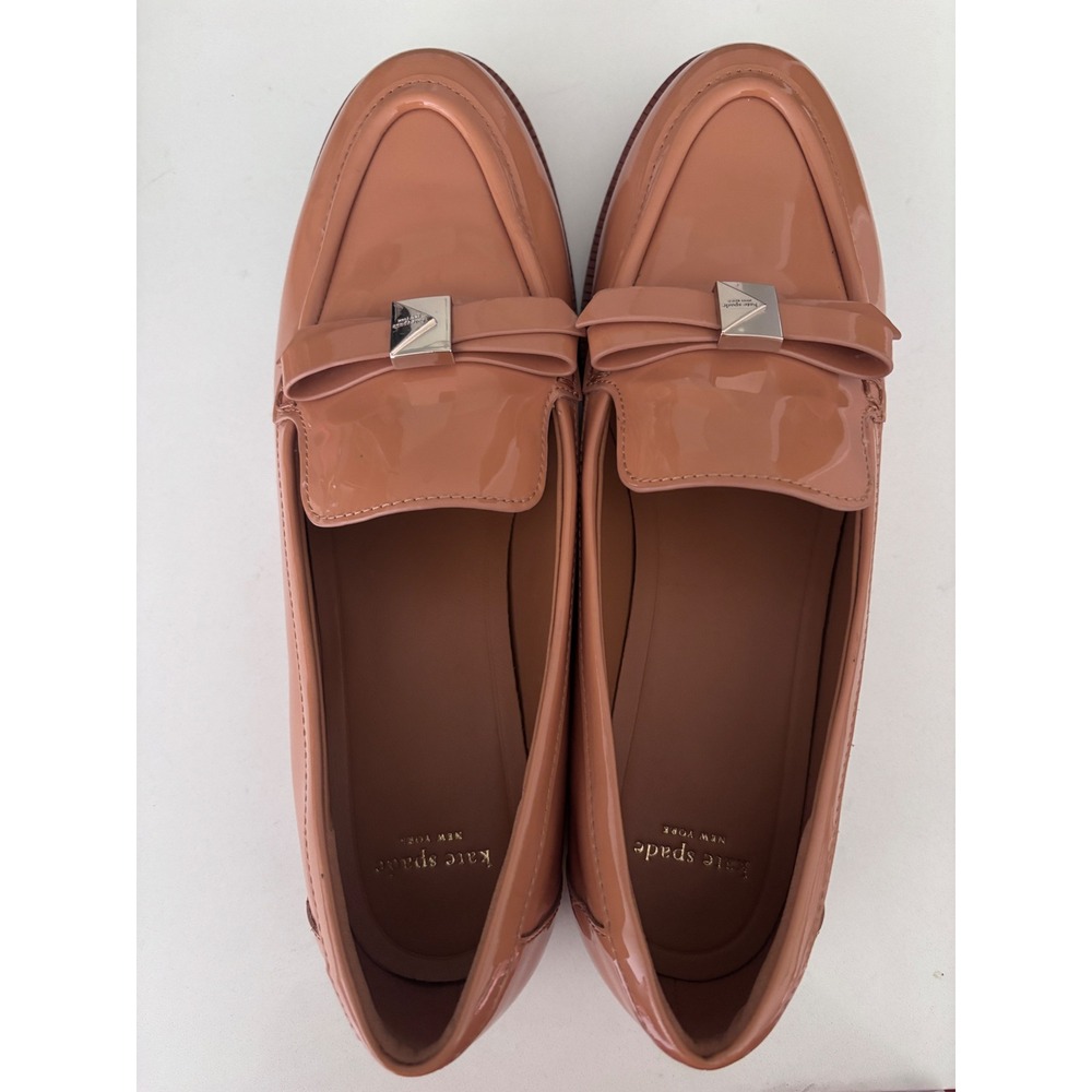 Kate Spade Deco Bow Patent Leather Loafer Flats Tan Silver Hardware 9